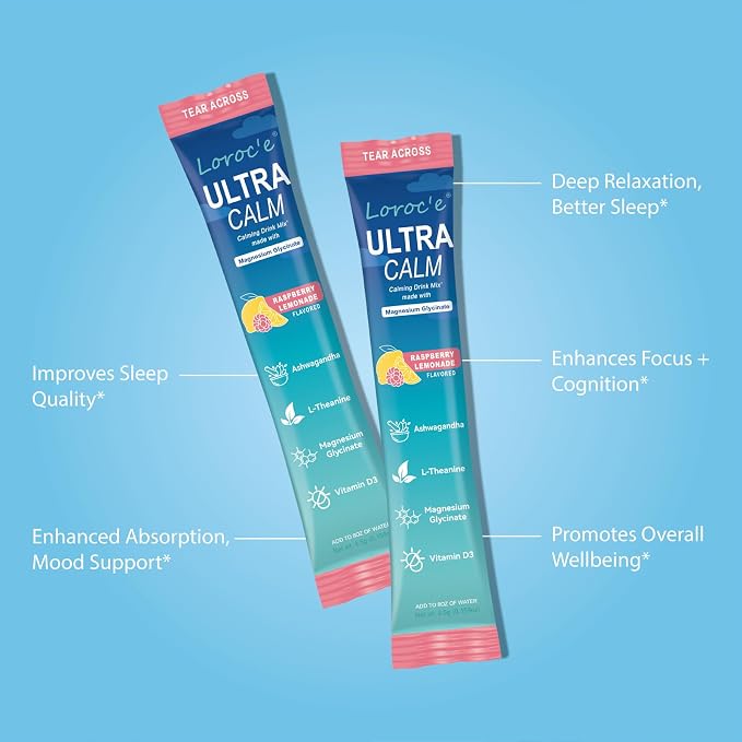UltraCalm Cortisol Drink Mix - Raspberry Lemonade with Ashwagandha, Magnesium Glycinate & L-Theanine Supplement - Sleep and Relaxation Support (2 x 30 Travel Packets)