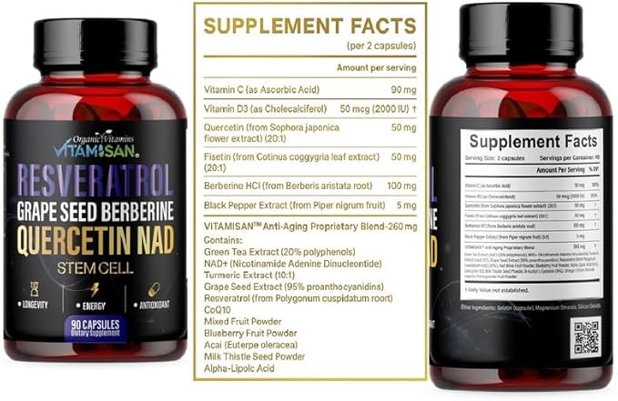 VITAMISAN Resveratrol NAD+ Quercetin Berberine & CoQ10 – Longevity & Antioxidant Support – 3 Bottles (270 Capsules) – Made in USA
