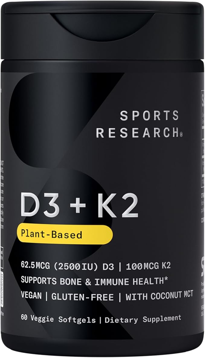 Sports Research® Vitamin D3 + K2 w/Coconut Oil - Vegan Vitamin D 2500iu (62.5mcg) & Mk7 Vitamin K 100mcg for Bone & Immune Support - Vegan Certified · Non-GMO · Soy Free - 60 Softgels