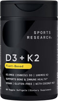 Sports Research® Vitamin D3 + K2 w/Coconut Oil - Vegan Vitamin D 2500iu (62.5mcg) & Mk7 Vitamin K 100mcg for Bone & Immune Support - Vegan Certified · Non-GMO · Soy Free - 60 Softgels