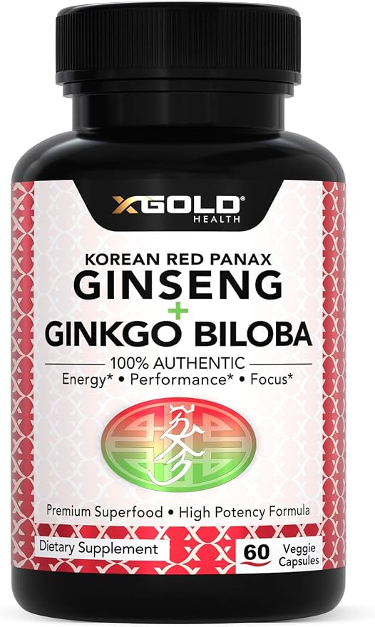 X Gold Health Korean Red Panax Ginseng + Ginkgo Biloba – 7% Ginsenosides Extra Strength – Energy, Memory, Focus & Brain Support – Premium Supplement for Men & Women – Non-GMO, 60 Vegan Capsules