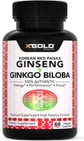X Gold Health Korean Red Panax Ginseng + Ginkgo Biloba – 7% Ginsenosides Extra Strength – Energy, Memory, Focus & Brain Support – Premium Supplement for Men & Women – Non-GMO, 60 Vegan Capsules