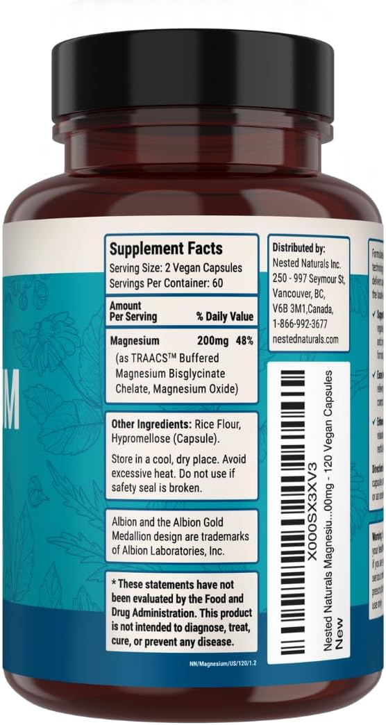 Nested Naturals Magnesium Glycinate Chelate - 200mg Chelated Magnesium Supplement for Muscle Cramps, Relaxation, & Sleep Support - 100% Albion TRACCS Buffered Magnesium Glycinate - 120 Vegan Capsules