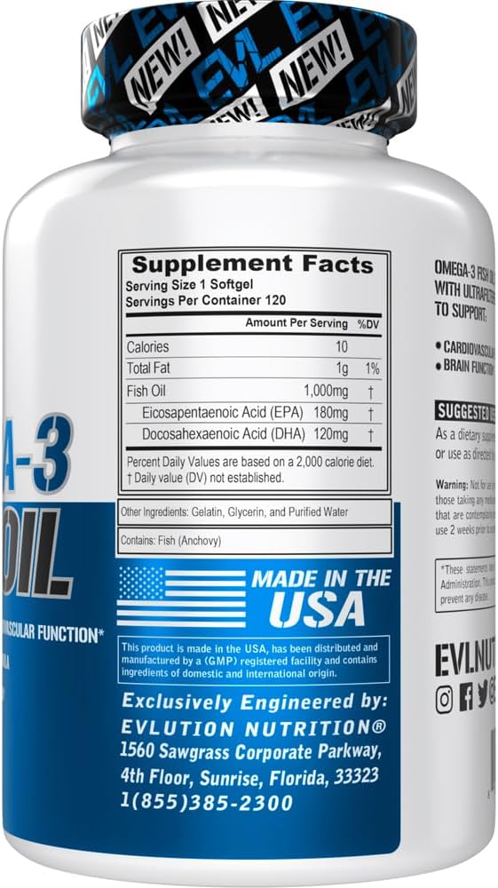 Evlution Nutrition Triple Strength Omega 3 Fish Oil - Burpless Fish Oil EPA DHA Omega 3 Supplement in Easy to Swallow Citrus Flavor Softgels - Enteric Coated Fish Oil Supplement - 120 Count