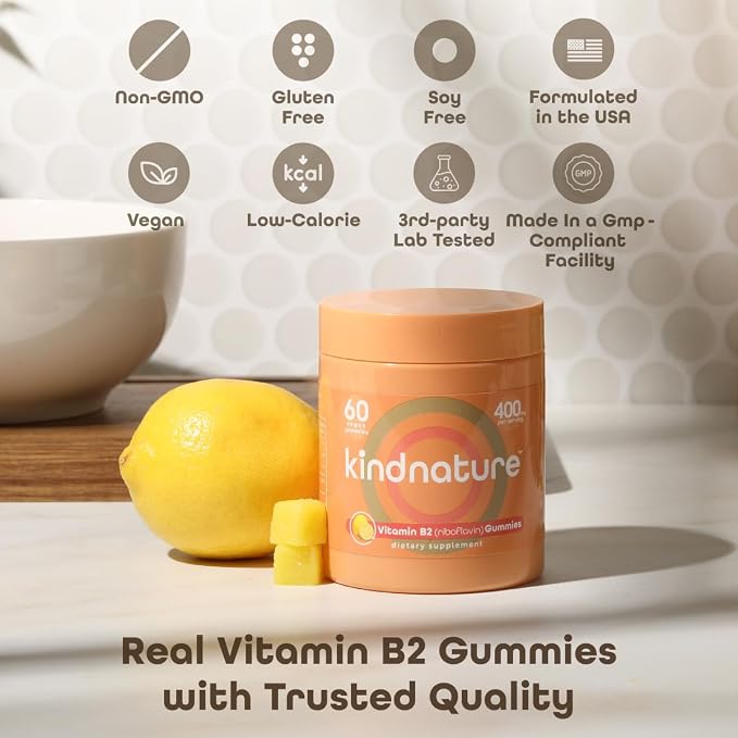 kindnature Vitamin B2 Gummies - Riboflavin 400mg Supplement for Kids & Adults - Non-GMO, Soy & Gluten-Free, Vegan Chewable Gummies (30 Day Supply)