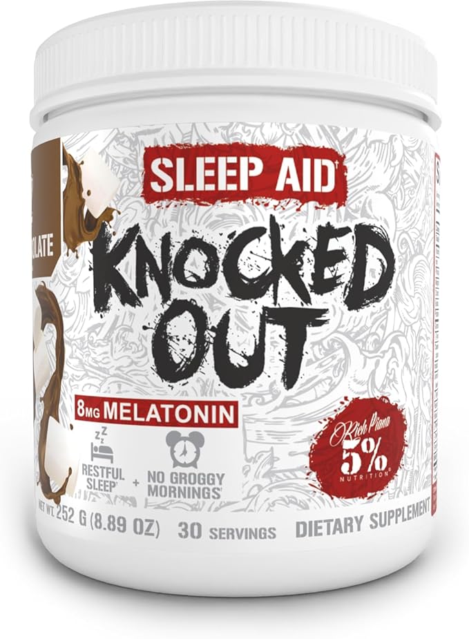 5% Nutrition Rich Piana Knocked Out Natural Sleep Aid | Post-Workout Recovery & Deep Sleep Supplement | GABA, Melatonin, Chamomile, Tyrosine, 5-HTP, & More | 8.4 oz, 30 Servings (Hot Chocolate)