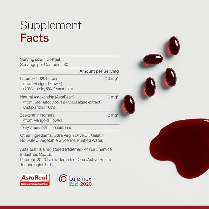 Lutein Astaxanthin Zeaxanthin, Eye Health Support Supplement, 2 in 1 Antioxidant Formula with Lutemax and AstaReal, with Extra Virgin Olive Oil, 30 Softgels
