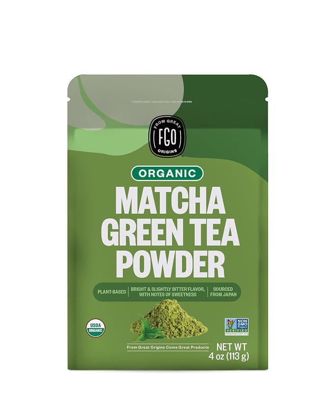 FGO Organic Matcha Green Tea Powder - Organic Matcha for Lattes, Smoothies & Baking - USDA Organic & Non-GMO - 4 oz Resealable Bag