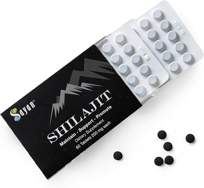 Sayan 100% Pure Shilajit Tablets, High-Potency Supplement, More Effective Than Resin & Capsules, 85+ Trace Minerals Sourced from 10,000 ft Lab-Tested. 60 Tablets 200 mg per Tablet 1-2 Month Supply