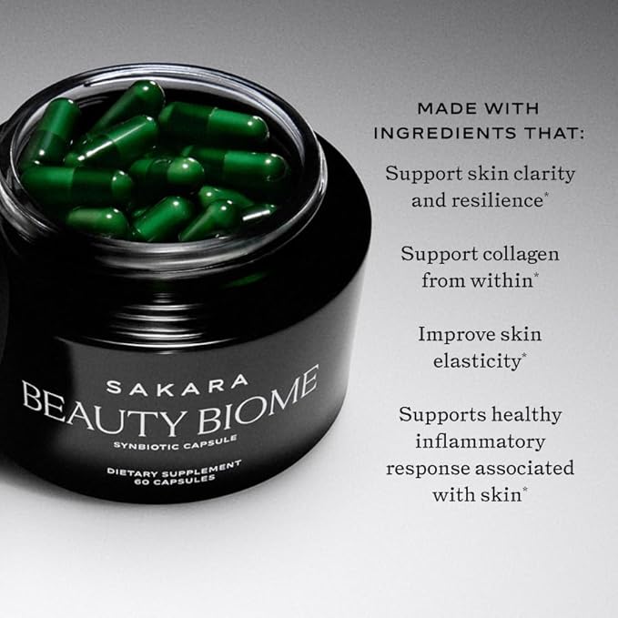 SAKARA Beauty Biome – Daily Synbiotic Supplement for Skin + Gut Health with Probiotic, Dermaval, Vitamins A, D, E, Antioxidants, Prebiotics & Enzymes – for Clear, Radiant, Hydrated Skin – 60 Capsules