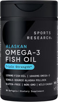 Sports Research Triple Strength Omega 3 Fish Oil 1250mg from Wild Alaskan Pollock - Burpless Fish Oil Supplement with Omega-3 EPA & DHA - Sustainably Sourced, Non-GMO, Gluten Free - 30 Softgels