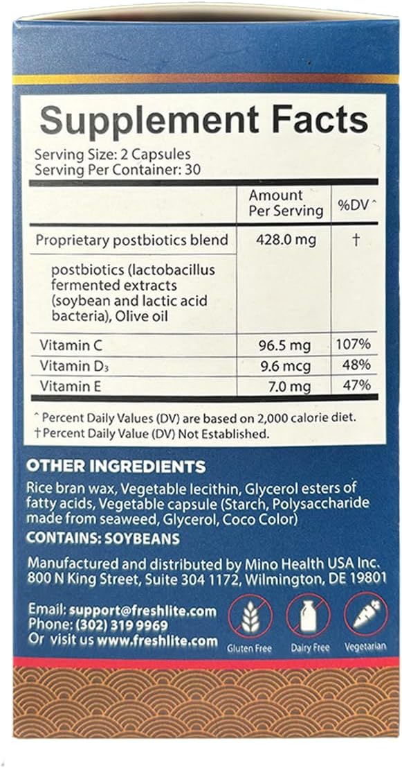 FRESHLITE Premium Vegan Postbiotics for Gut Health | IBS. Diarrhea. Bloating | Advanced Postbiotics Formula Beyond Pre & Probiotics | Vitamin C, D3 & E | Non-GMO, Gluten-Free, 60 Capsules Japan Made