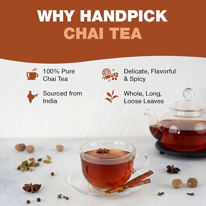 HANDPICK Masala Chai Tea Bags (100 Count) Strong Robust & Aromatic, Blended with Exotic Spices, Cinnamon, Black Pepper, Cloves & Cardamom - Premium Quality Eco-conscious Round Bags