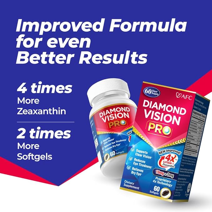 AFC Japan Diamond Vision PRO – Improved, Up-Sized Formula - Lutein & Zeaxanthin 4X with Eye Vitamins – Visual Health Supplement for Adults, Screen Exposure, Night Use, 60 Softgels