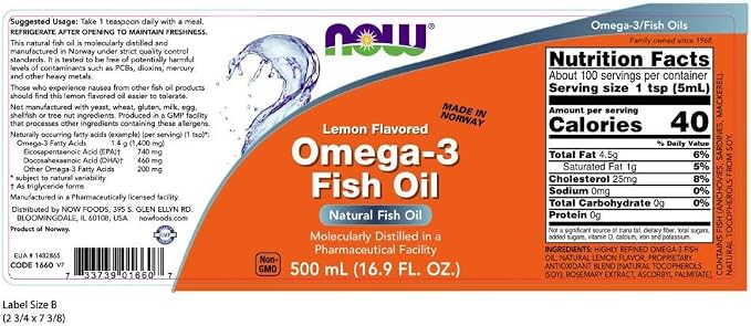 NOW Supplements, Omega-3 Fish Oil Liquid, Molecularly Distilled, Lemon Flavored, 16.9-Ounce