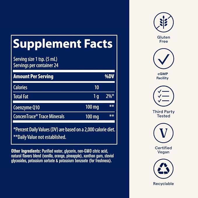 Trace Minerals CoQ10 - Cellular Health Supplement for Vitality Support - Cardiovascular Health & Immune Support - Natural Ingredients - Vegan & Gluten-Free - Tangerine Flavor - 4 fl oz (24 Servings)
