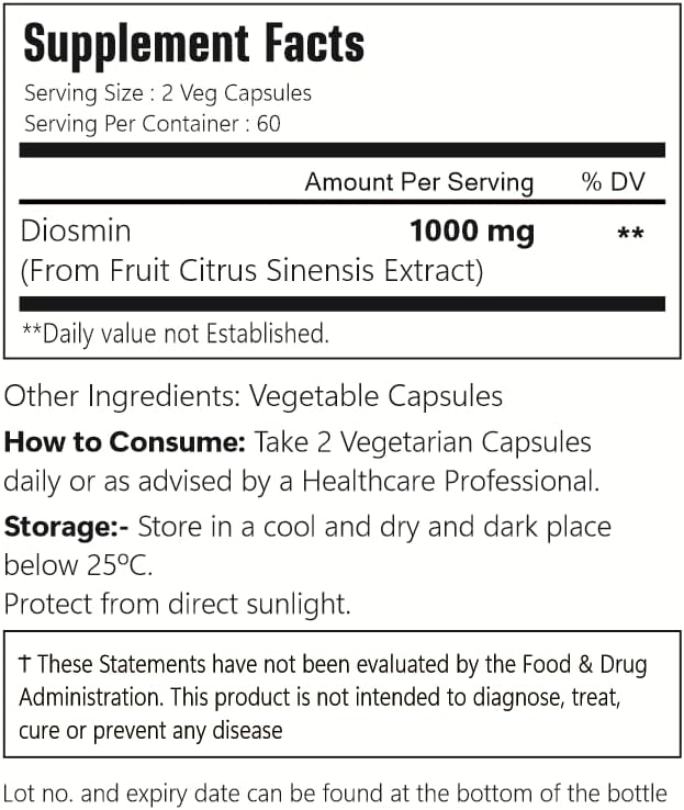 Diosmin Capsules, 120 Count, 1000 mg Serving, Vegan, Citrus Bioflavonoids 100% Vegetarian, Non-GMO & Gluten Free Diosmin Supplement with Max Strength