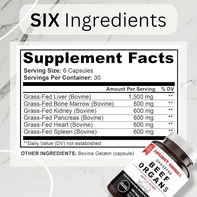 Grass Fed Beef Organs Supplement 4500mg - Desiccated Liver, Bone Marrow, Heart, Spleen, Pancreas & Kidney, Non-GMO, Gluten Free, Undefatted by Ancient Origins (180 Capsules, 750mg Each)