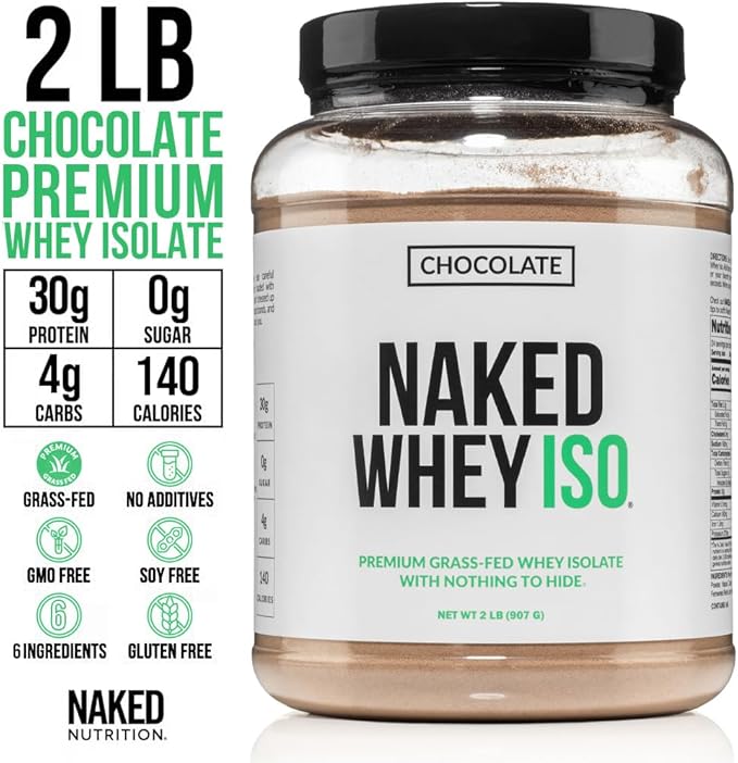 NAKED Chocolate Whey Isolate Protein - Only 6 Ingredients, 30g Grass-Fed Protein, Undenatured, No GMO, No Soy, Gluten-Free, No Preservatives - 24 Servings