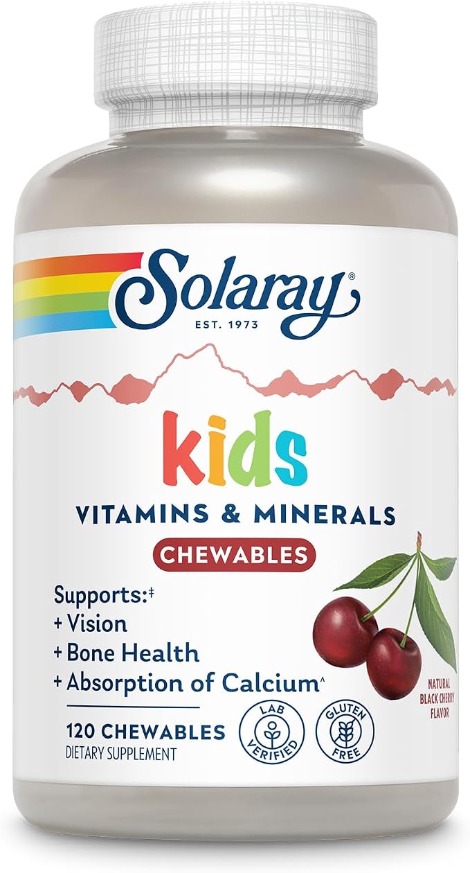 SOLARAY Kid's Vitamins & Minerals, Multivitamin for Kids - Bones, Vision, Heart Health Support w/Vitamin C, Vitamin D and B2, Iron - Gluten Free, 120 Black Cherry Chewables, 60 Servings