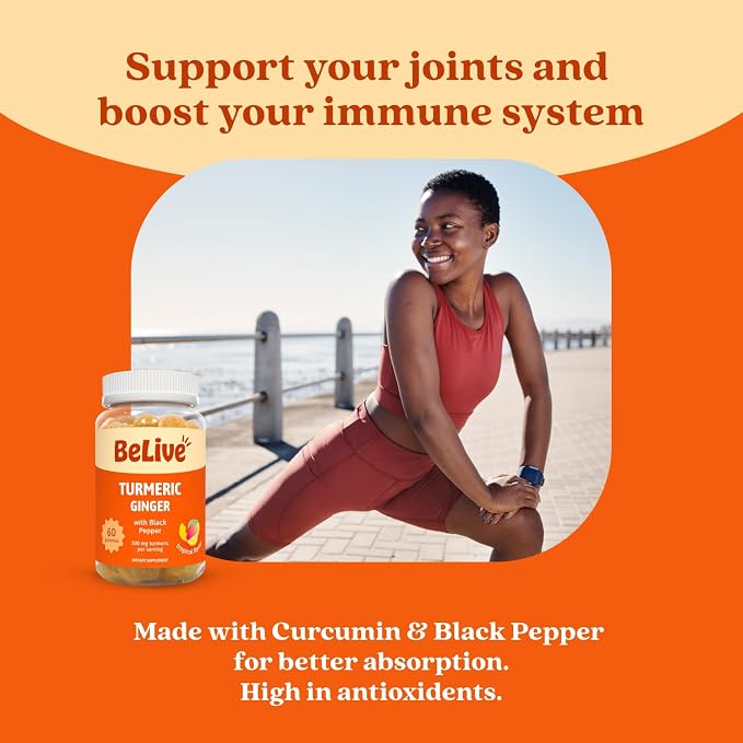 BeLive Turmeric and Ginger Gummies - 500mg - Joint and Mobility Support Supplement - Curcumin with Black Pepper for Enhanced Absorption - Tropical Flavor - 3 Pack, 180 Count