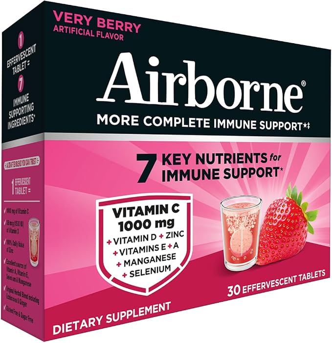 Airborne Variety Pack 1000mg Vitamin C with Vitamin D & Zinc, Sugar Free Multivitamin Immune Support Supplement, Antioxidants Vitamins A C & Vitamin E, 30 Effervescent Tablets, Citrus + Verry Berry