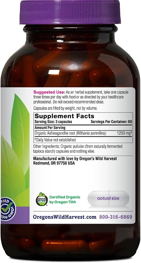 Oregon's Wild Harvest Organic Ashwagandha Non-GMO Herbal Supplements for Stress Relief, Immune Support, Balanced Energy Levels & Mood Support, 180 Count