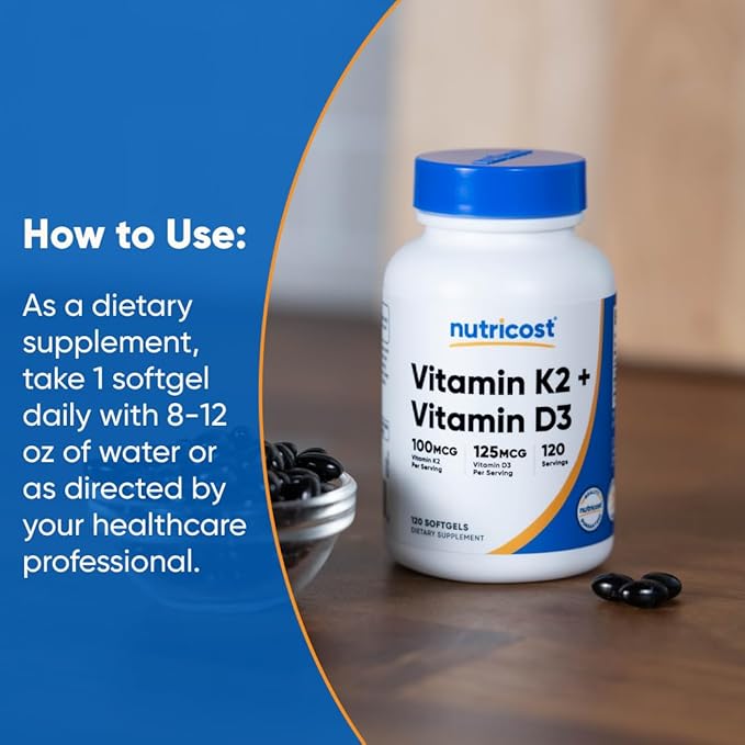 Nutricost Vitamin K2 (MK7) (100mcg) + Vitamin D3 (5000 IU) 120 Softgels - Gluten Free and Non-GMO (Pack of 2)
