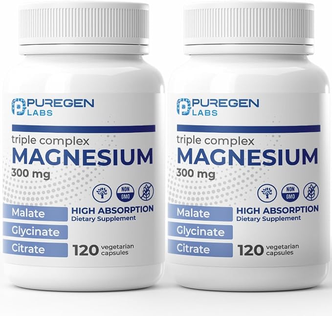 Puregen Labs Triple Magnesium Complex 300mg of Magnesium Glycinate, Malate, & Citrate [High Absorption] Total 240 Veg Capsules | No Harmful Additives | Non-GMO, NO Gluten and Dairy