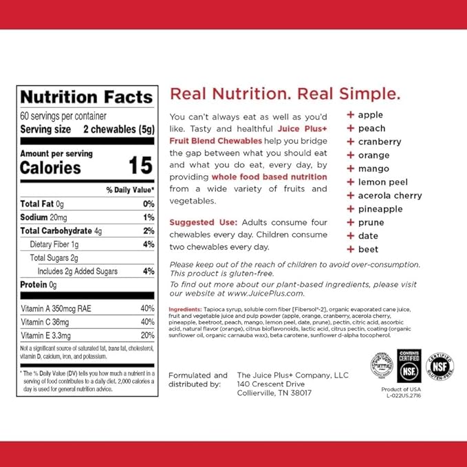 Juice Plus+ Fruit Blend Soft Chews (Chewables) - Boost Your Nutrition with 11 Fruits & Plant Ingredients - Vegan Gummy for Kids & Adults - Vitamins, Whole Food Nutrition - 120 Chewables