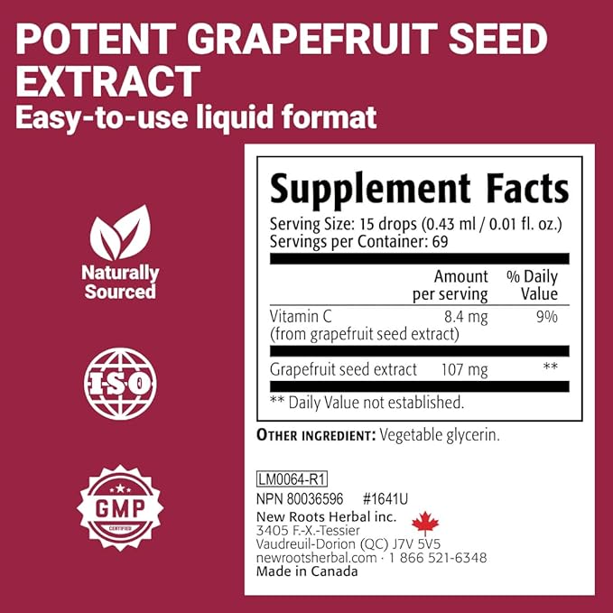 NEW ROOTS HERBAL Grapefruit Seed Extract Drops 30 ml (1 Fl OZ) + Vitamin C | Super Concentrated Grapefruit Seed Extract Liquid Tincture | Gluten Free, Non-GMO