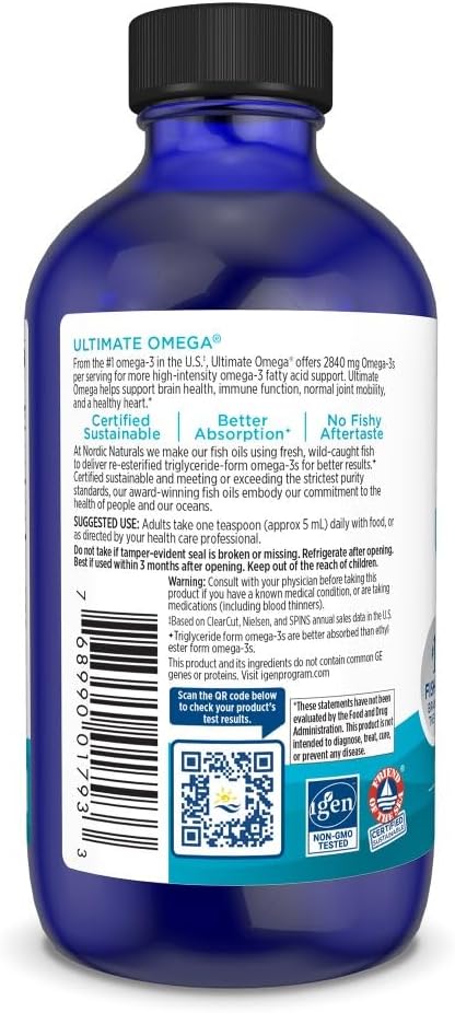 Nordic Naturals Ultimate Omega Liquid, Lemon Flavor - 4 oz - 2840 mg Omega-3 - High-Potency Fish Oil Supplement with EPA & DHA - Promotes Brain & Heart Health - Non-GMO - 24 Servings