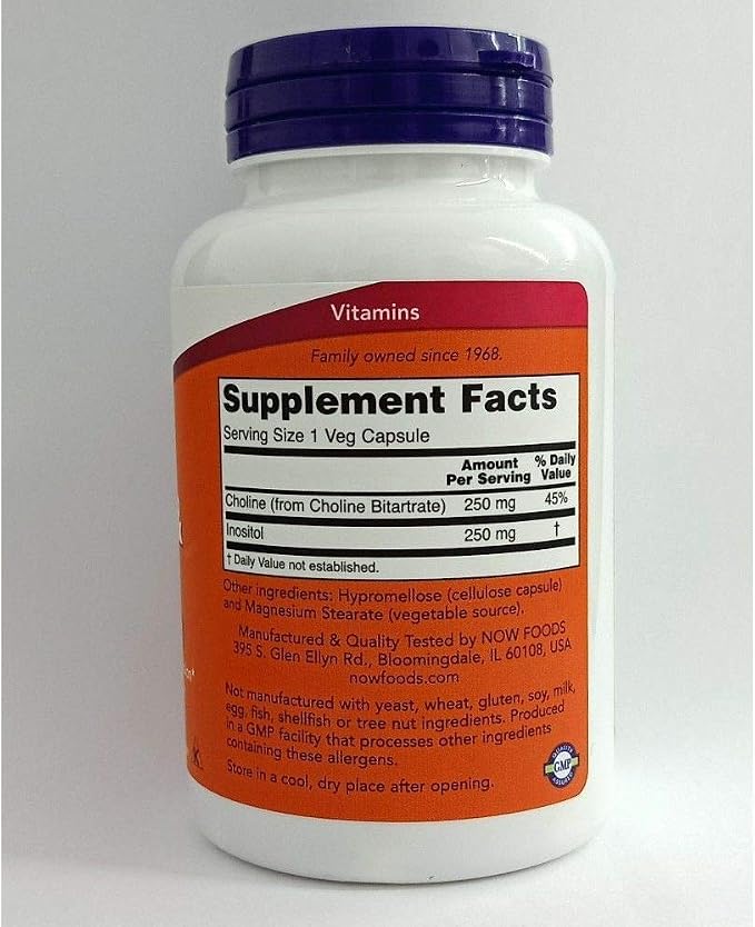 NOW Choline and Inositol 500mg, 100 Capsules (Pack of 2)