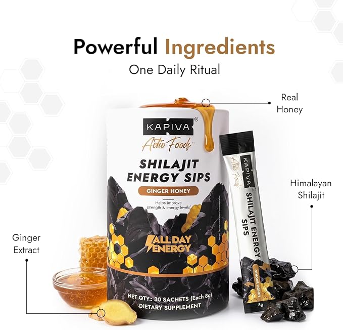 Kapiva Shilajit Honey Sticks, 7500mg Pure Shilajit, Easy-to-Consume On-the-Go Sticks, Energy & Stamina Support, Ginger Honey Flavor, 30 Count