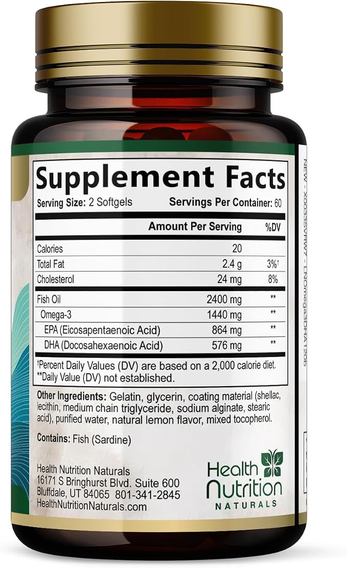 Omega 3 Fish Oil Supplements - 2400mg Fish Oil Per Serving - Triple Strength Omega-3 with EPA & DHA Fatty Acids - Natural Heart, Brain & Immune Support - Wild Caught, Bottled in USA - 120 Softgels