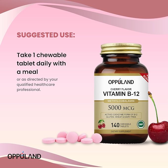 Methyl B-12 5000mcg Chewable with Folate - Vitamin B12 Methylcobalamin Sublingual Tablets - Supports Energy & Brain Function - Vegan Supplement - Cherry Flavor - 140 Count