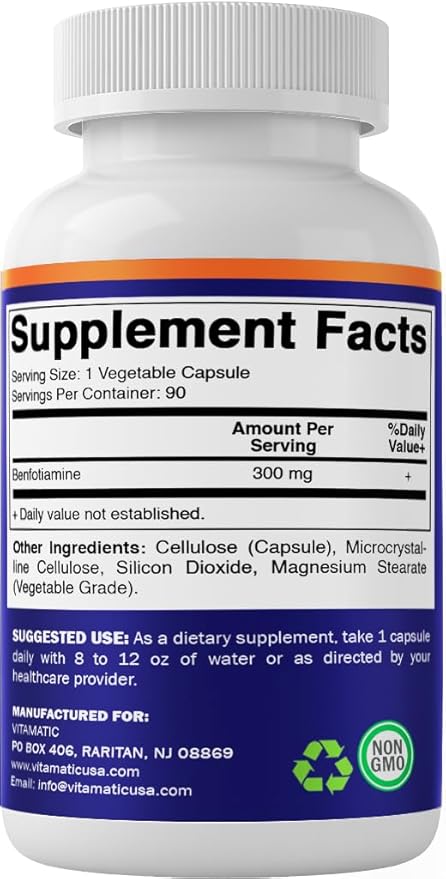 Vitamatic Benfotiamine 300 mg 90 Vegetarian Capsules - Also Called Fat Soluble Vitamin B1 (90 Count (Pack of 1)) (3 Bottles)