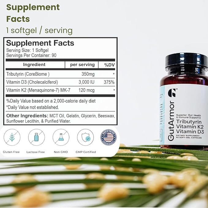 GutArmor Gut & Heart Health + Immune Support | 3 Month Supply | 90 Soft Gel Capsules | Pure Butyrate 350mg & Vitamin D3 2000IUs & Vitamin K2 120mcg | Heart Health | Gastrointestinal Support