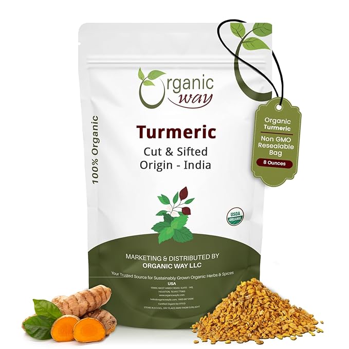 Organic Way Turmeric Root Cut & Sifted (Curcuma Longa) - Herbal Tea | Kosher & USDA Certified | Vegan, Non-GMO & Gluten Free | Tested for Heavy Metal and Purity | 100% Raw from India (1/2LBS / 8Oz.)
