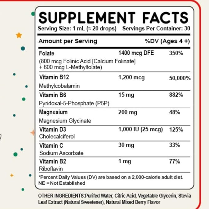 Folinic Acid Drops Kids 800 mcg + L-Methylfolate + B12 +P5P B6 Gentle Methylation Great Taste, Magnesium Glycinate, Vitamin D3 & C Folate Support for Brain,Focus, Mood & Cellular Health 5-MTHF Drops