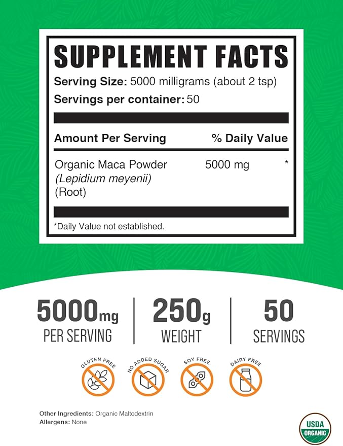 BulkSupplements.com Organic Maca Powder - Organic Maca Root Powder, Superfood Supplement - Gluten Free, 5g per Serving, 250g (8.8 oz) (Pack of 1)