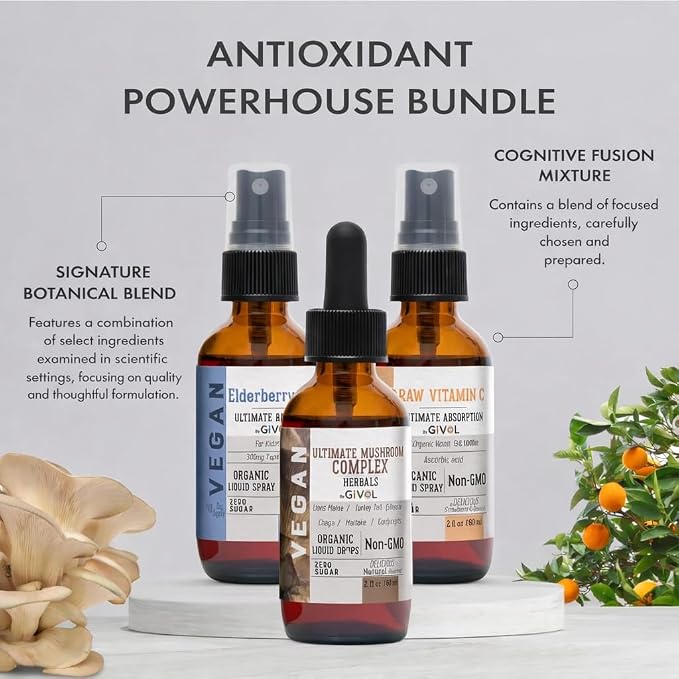 Antioxidant Powerhouse Bundle - Elderberry, Raw Vitamin C, Mushroom Complex - Nutriments, Phytonutrients & Cognitive Well-Being All in One Package - Multivitamins - 2 Fl Oz - 240 Days Supply