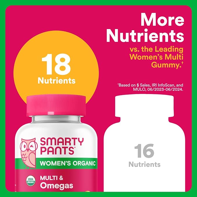 SmartyPants Organic Women's Multivitamin Gummies: Biotin, Methylfolate, Omega 3 (ALA), Vitamin D3,C,B12,B6,A,K & Zinc, Inositol, Gluten Free, Vegetarian, 120 Count (30 Day Supply)(Pack of 2)