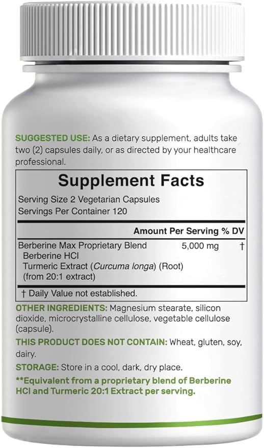 DEAL SUPPLEMENT Berberine Max Supplement with Turmeric, 5000 mg** Per Serving, 240 Vegetarian Capsules | Berberine HCl with Turmeric Root Extract | Non-GMO