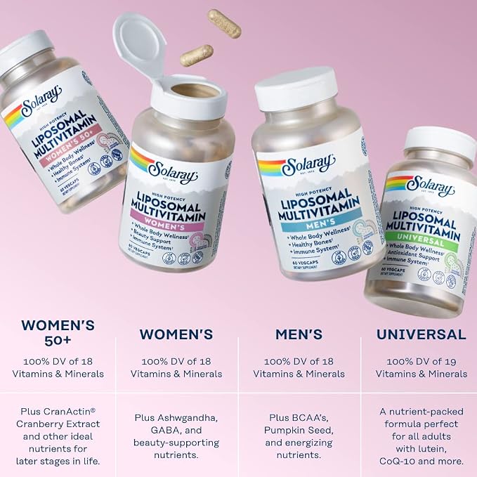 SOLARAY Liposomal Multivitamin for Women, Enhanced Absorption, High Potency w/Iron, Vitamin D, Vitamin C, B12, Biotin, CoQ10, Immune Support, Bone Health, Vegan, 30 Servings, 60 VegCaps