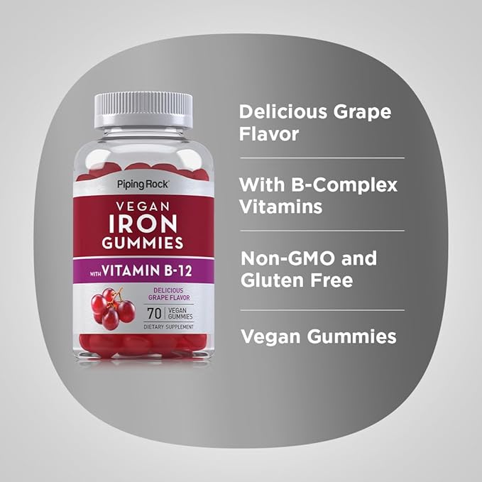 Piping Rock Vegan Iron Gummies | 70 Count | Delicious Grape Flavor | Supplement with B Complex Vitamins | Non-GMO, Gluten Free