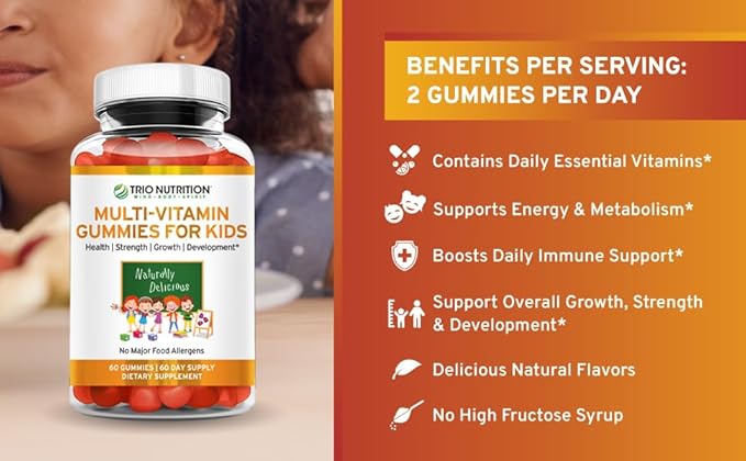 TRIO NUTRITION Premium Kids Multivitamin Gummies with Vitamin C & Zinc for Immune & Energy Support | Complete Daily Essential Vitamins to Grow Up Strong| Pectin, Animal-Free, Allergen-Free*