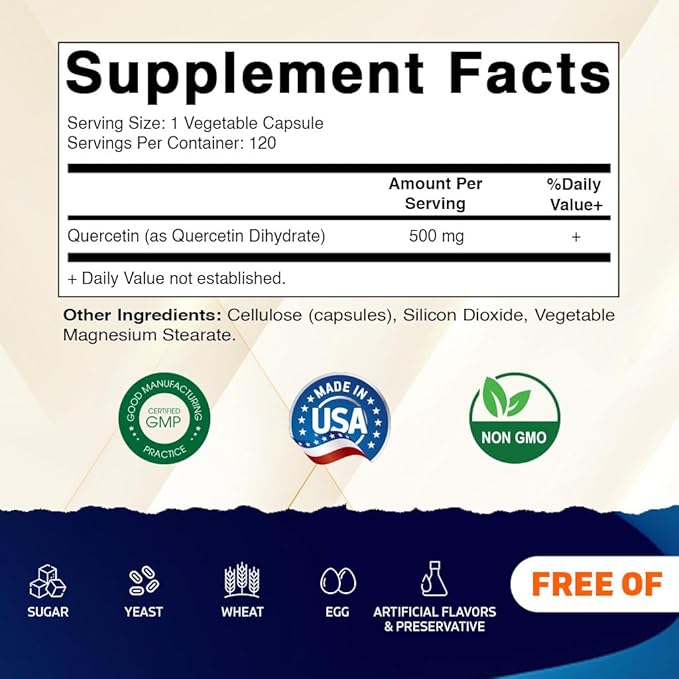 Vitamatic Quercetin 500 mg, 120 Vegetarian Capsules (Non-GMO, Gluten Free, Vegan) - Supports Cardiovascular Health