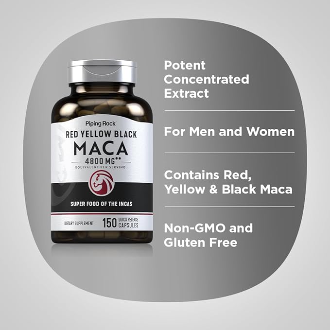 Piping Rock Maca Root Capsules | 150 Powder Pills | for Women and Men | Red, Yellow, and Black | Non-GMO, Gluten Free Supplement