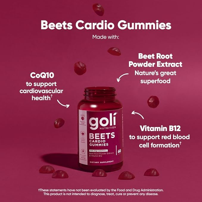 Goli Nutritional Supplement, Beets Cardio Gummy, 180 Count(3 Pack of 60), 100mg CoQ10 & Beet Root Extract - Gluten-Free, Vegan, Non-GMO, and Gelatin-Free. Nature's Great Superfood